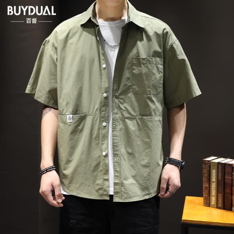 襯衫 夏季薄款棉質短袖男潮牌寬松大碼日系工裝半袖男裝痞帥襯衣潮-細節圖5