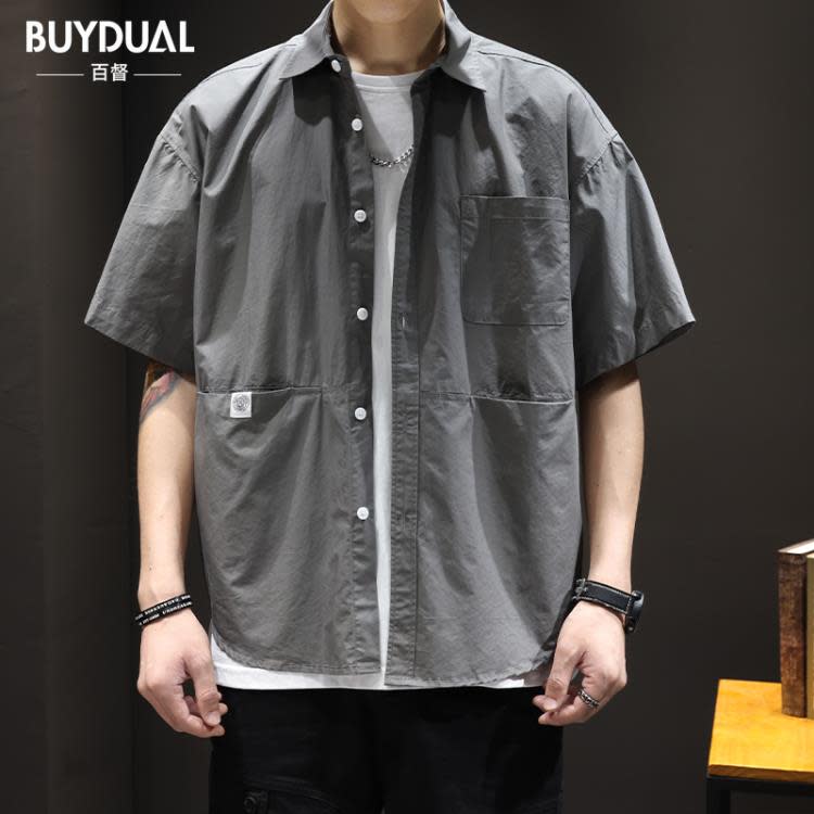 襯衫 夏季薄款棉質短袖男潮牌寬松大碼日系工裝半袖男裝痞帥襯衣潮-細節圖6