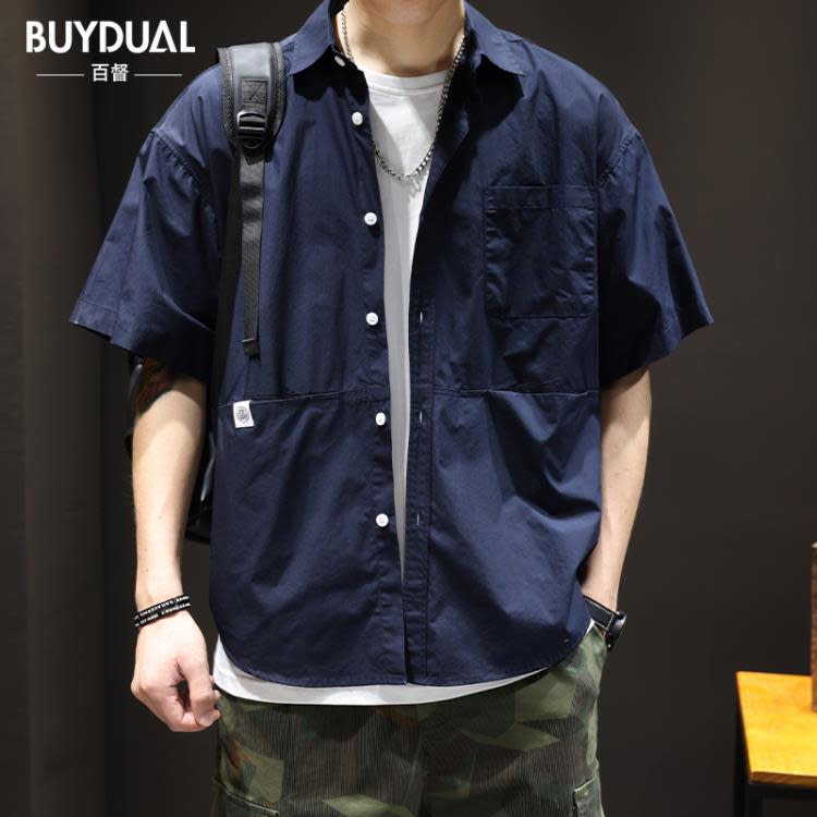 襯衫 夏季薄款棉質短袖男潮牌寬松大碼日系工裝半袖男裝痞帥襯衣潮-細節圖7