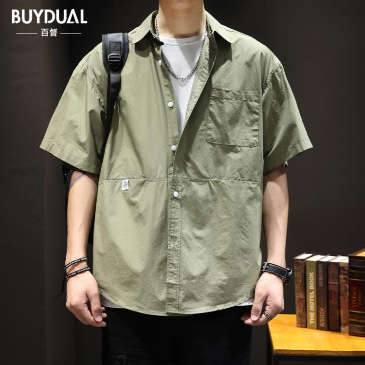 襯衫 夏季薄款棉質短袖男潮牌寬松大碼日系工裝半袖男裝痞帥襯衣潮-細節圖8