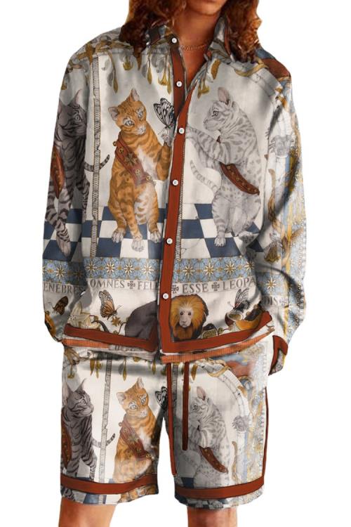 襯衫 夏季新款 嘻哈香港潮牌長袖 3D印花夏威夷休閒套裝二件套-細節圖2