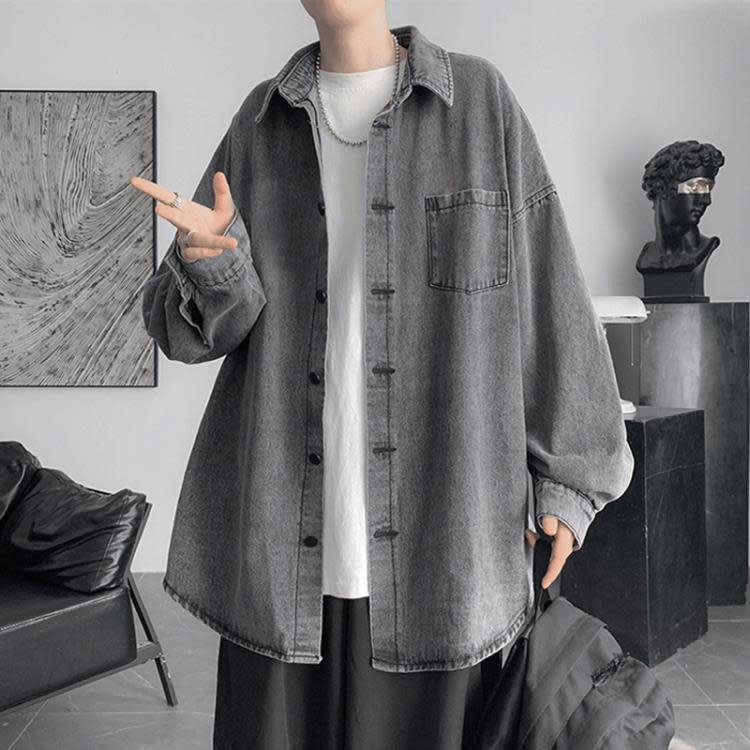 春季新品牛仔襯衫男長袖潮流高級感秋裝男裝工裝襯衣寬松休閒外套-細節圖2