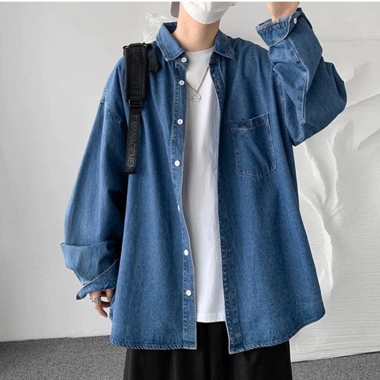 春季新品牛仔襯衫男長袖潮流高級感秋裝男裝工裝襯衣寬松休閒外套-細節圖3