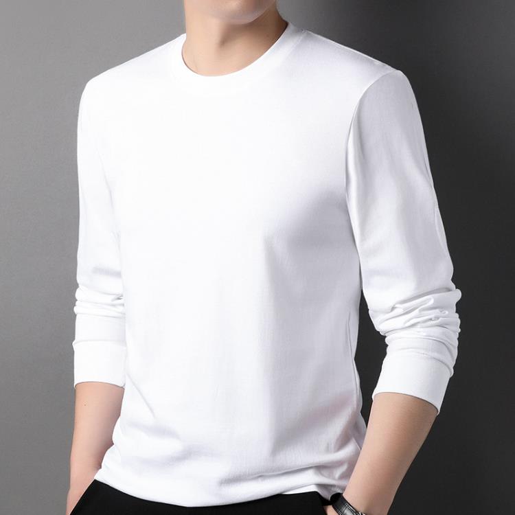 長袖T恤 春秋男士100純棉合身打底衫純色圓領舒適休閒男裝上衣-細節圖2