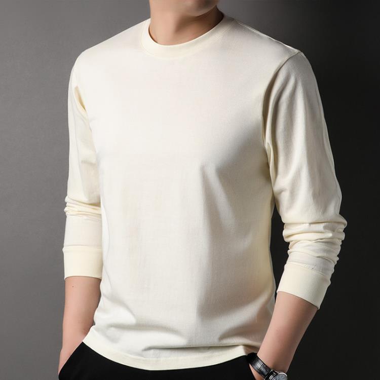 長袖T恤 春秋男士100純棉合身打底衫純色圓領舒適休閒男裝上衣-細節圖3