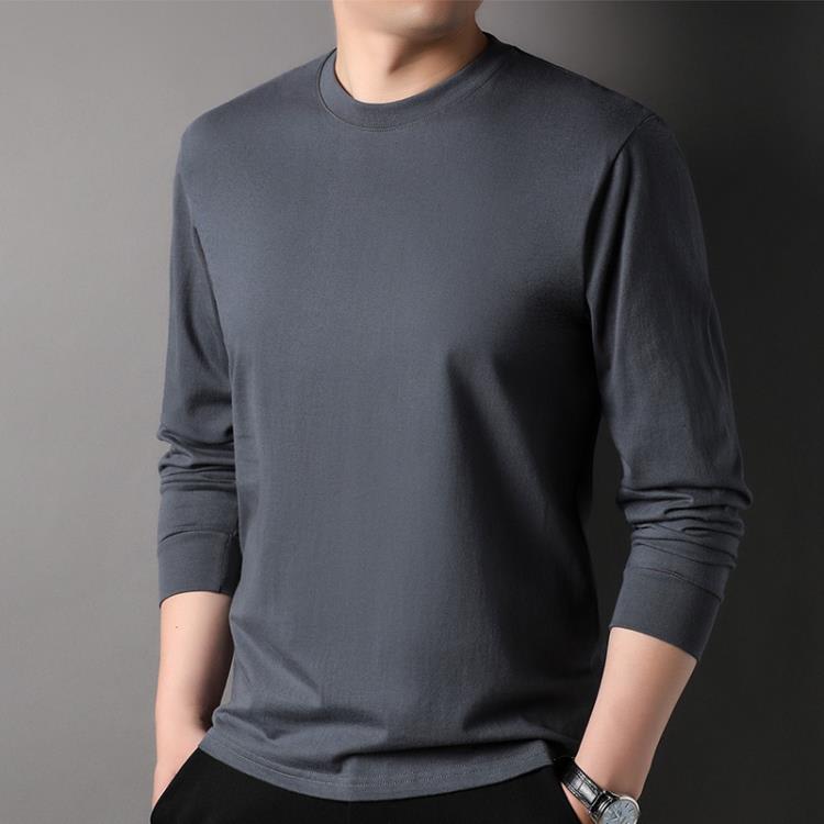 長袖T恤 春秋男士100純棉合身打底衫純色圓領舒適休閒男裝上衣-細節圖4
