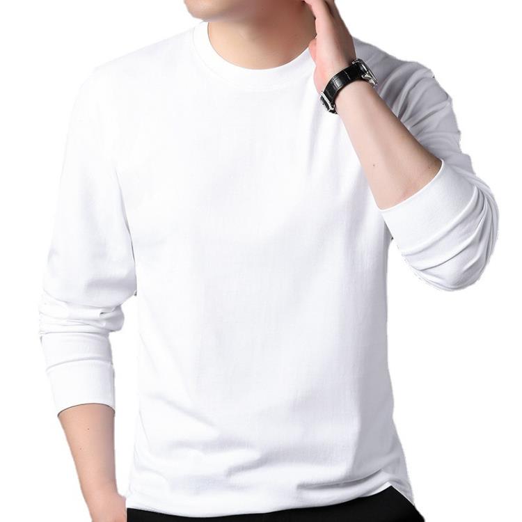 長袖T恤 春秋男士100純棉合身打底衫純色圓領舒適休閒男裝上衣-細節圖5