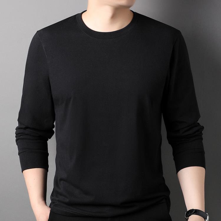 長袖T恤 春秋男士100純棉合身打底衫純色圓領舒適休閒男裝上衣-細節圖6