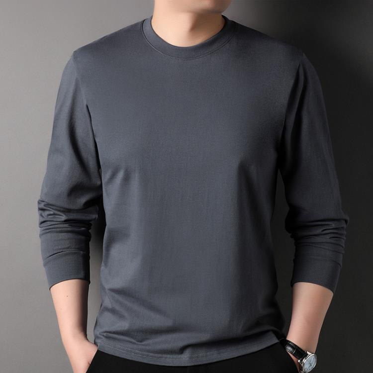 長袖T恤 春秋男士100純棉合身打底衫純色圓領舒適休閒男裝上衣-細節圖7