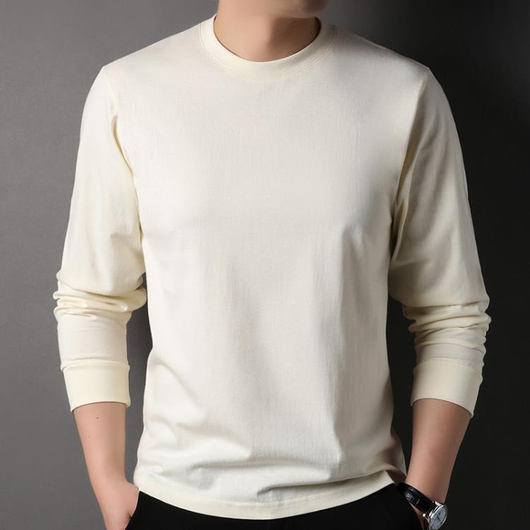 長袖T恤 春秋男士100純棉合身打底衫純色圓領舒適休閒男裝上衣-細節圖8