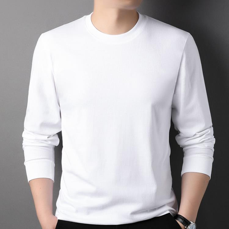 長袖T恤 春秋男士100純棉合身打底衫純色圓領舒適休閒男裝上衣-細節圖9