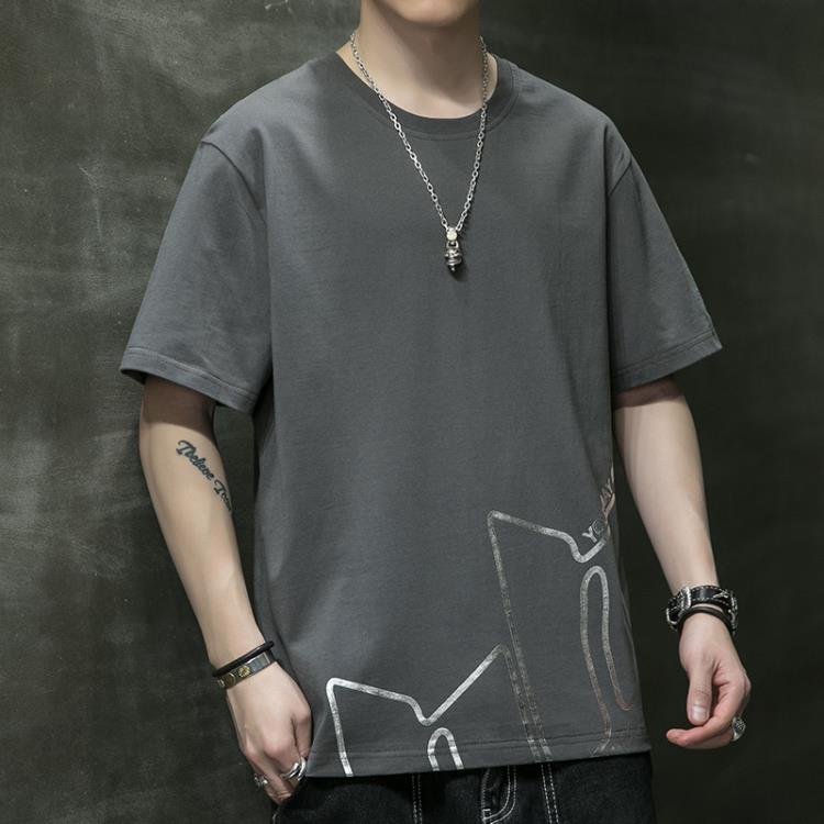 短袖T恤 2023夏季t恤男生圓領大碼體恤吸汗半袖潮牌純棉五分袖男士-細節圖4