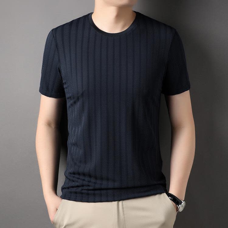 短袖T恤 夏季男士冰絲網眼鏤空透氣t恤 寬松速干時尚正韓條紋款-細節圖2