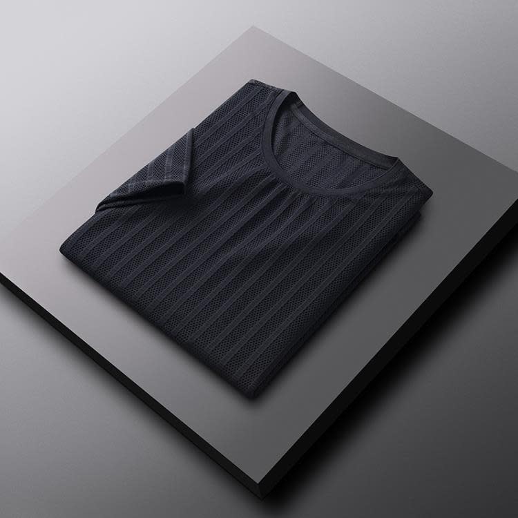 短袖T恤 夏季男士冰絲網眼鏤空透氣t恤 寬松速干時尚正韓條紋款-細節圖7