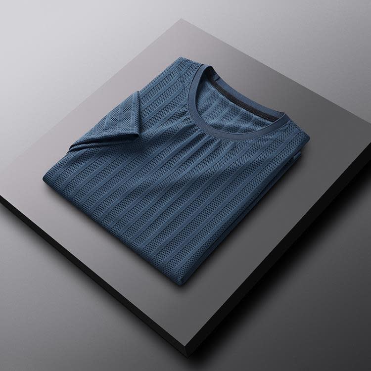 短袖T恤 夏季男士冰絲網眼鏤空透氣t恤 寬松速干時尚正韓條紋款-細節圖8