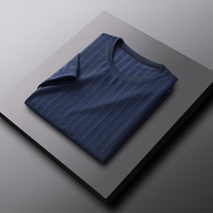 短袖T恤 夏季男士冰絲網眼鏤空透氣t恤 寬松速干時尚正韓條紋款-細節圖9