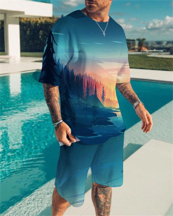 短袖T恤 2023歐美新款藝術油畫圖3D印花男士套裝寬松休閒-細節圖2