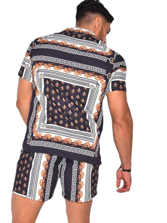 襯衫 翻領2023夏季男裝寬松休閒潮流印花短袖開衫-細節圖2