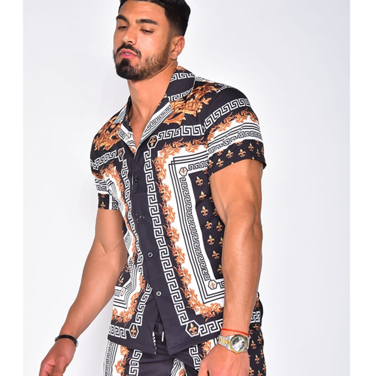 襯衫 翻領2023夏季男裝寬松休閒潮流印花短袖開衫-細節圖4