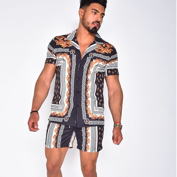 襯衫 翻領2023夏季男裝寬松休閒潮流印花短袖開衫-細節圖6