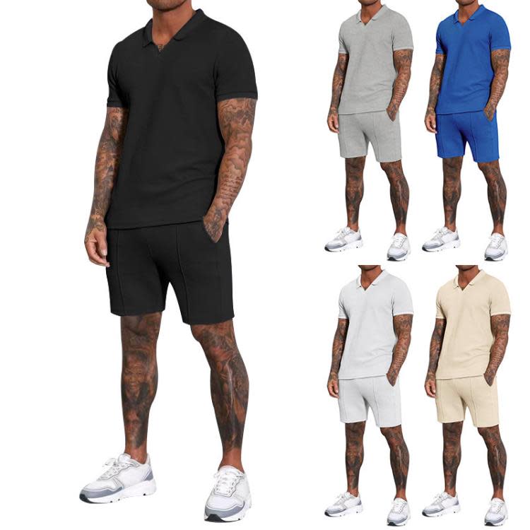 短袖polo衫 2023夏季新款華夫格V領短褲二件套翻領Polo套裝男-細節圖4