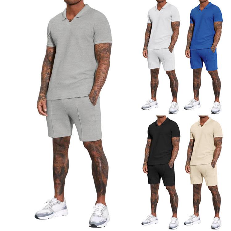 短袖polo衫 2023夏季新款華夫格V領短褲二件套翻領Polo套裝男-細節圖5