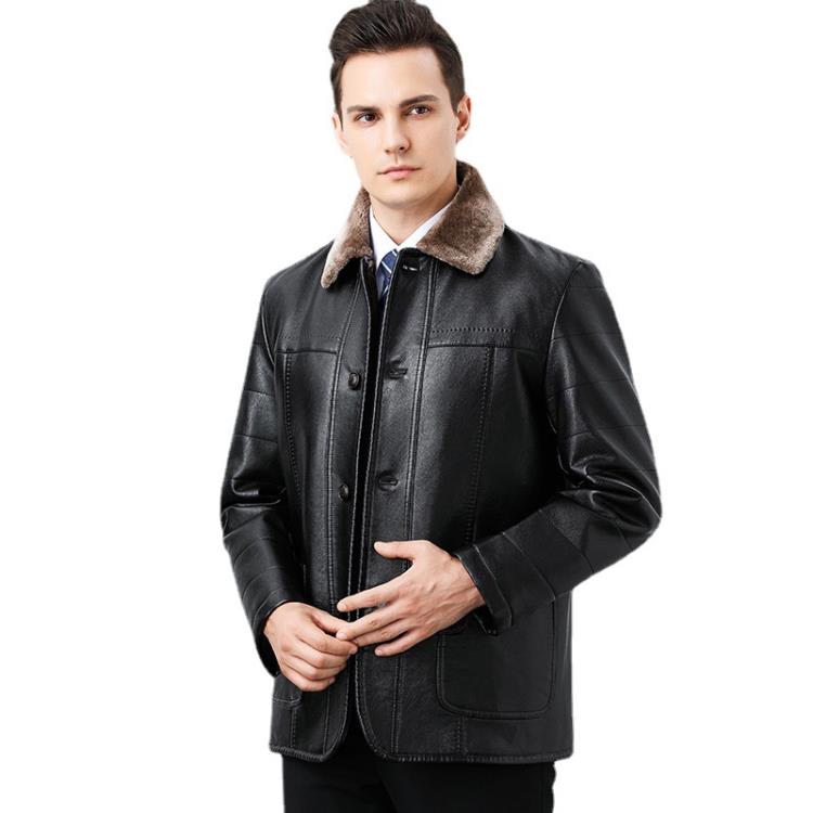 品牌冬季中年男士皮衣男加絨加厚翻毛領皮夾克紐扣款寬松休閒外套-細節圖2