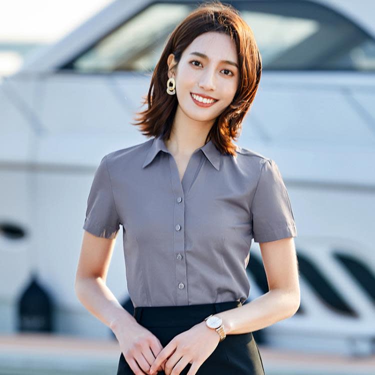 襯衫女灰色職業套裙V領藍色襯衫時尚珠寶店工服美容師酒店工作服-細節圖2