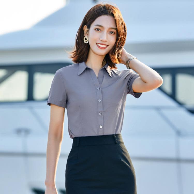 襯衫女灰色職業套裙V領藍色襯衫時尚珠寶店工服美容師酒店工作服-細節圖3