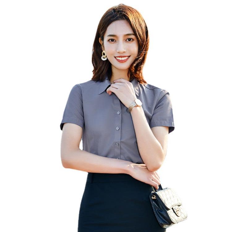 襯衫女灰色職業套裙V領藍色襯衫時尚珠寶店工服美容師酒店工作服-細節圖4