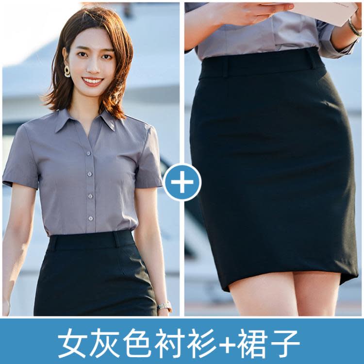 襯衫女灰色職業套裙V領藍色襯衫時尚珠寶店工服美容師酒店工作服-細節圖7