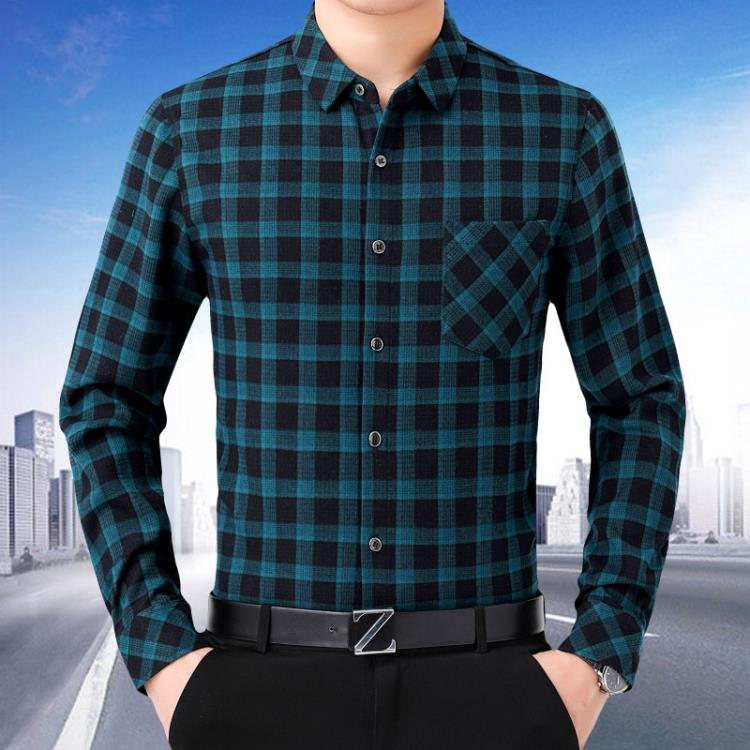 品牌秋季新款格子襯衫男中年男士商務休閒時尚長袖免燙山羊絨襯衣-細節圖2
