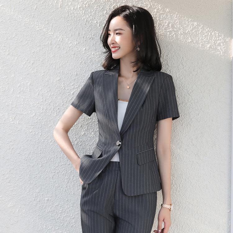 品質條紋短袖職業套裝女2023夏季新款上班氣質英倫風修身顯瘦正裝-細節圖2