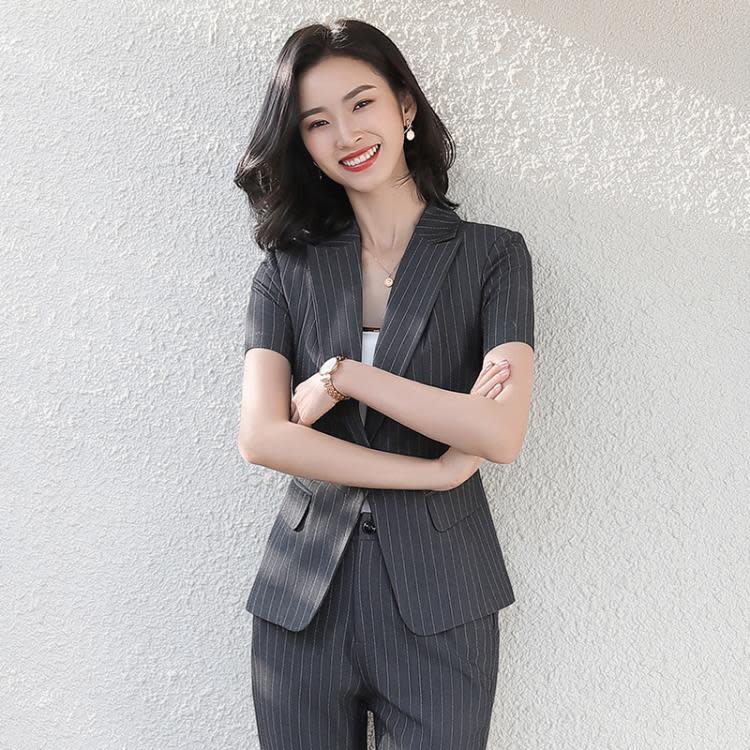 品質條紋短袖職業套裝女2023夏季新款上班氣質英倫風修身顯瘦正裝-細節圖4