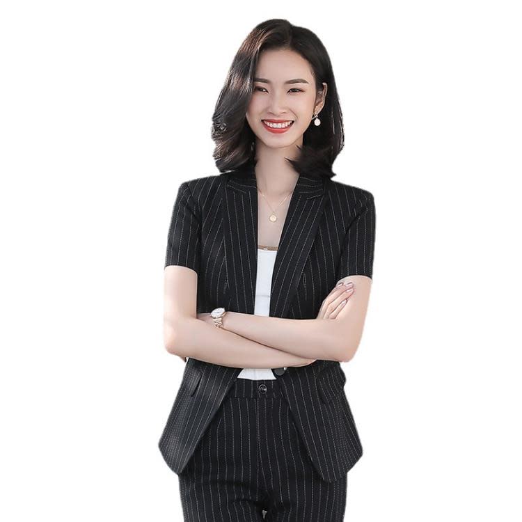 品質條紋短袖職業套裝女2023夏季新款上班氣質英倫風修身顯瘦正裝-細節圖5