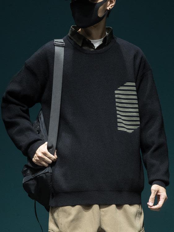 襯衫 高級感假二件領毛衣男士2023冬季新款男裝春季上衣POLO針織衫-細節圖5