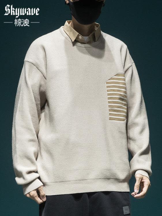 襯衫 高級感假二件領毛衣男士2023冬季新款男裝春季上衣POLO針織衫-細節圖6