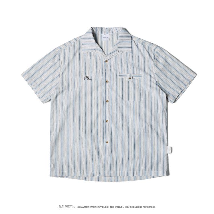 北界男裝 美式潮牌2023夏季新款古巴領短袖襯衫男士條紋半袖襯衣-細節圖2