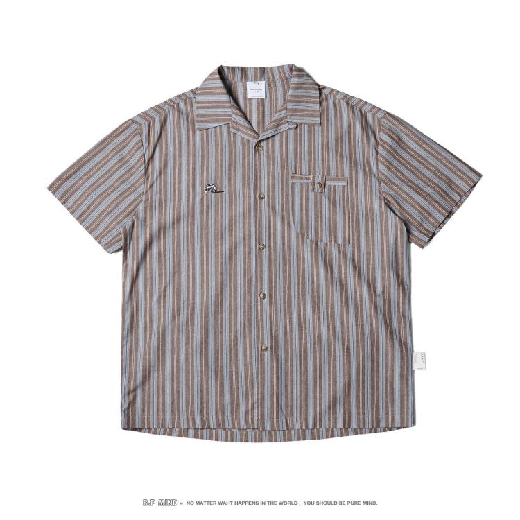 北界男裝 美式潮牌2023夏季新款古巴領短袖襯衫男士條紋半袖襯衣-細節圖4