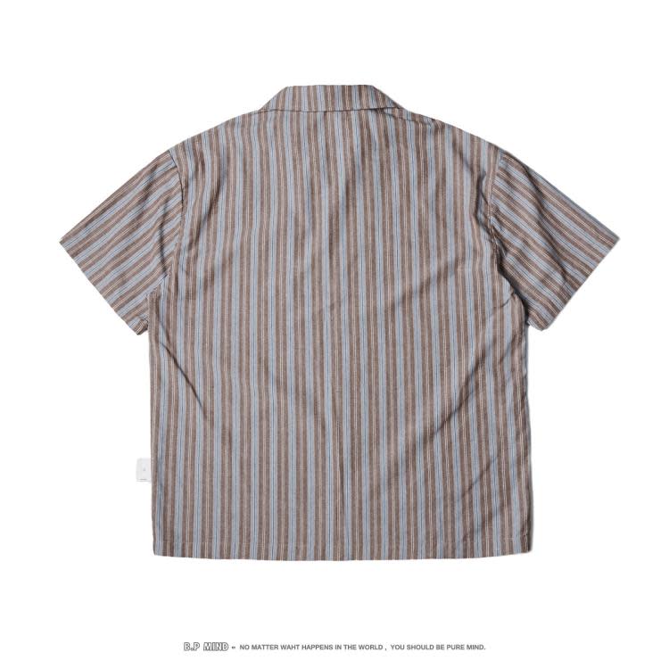 北界男裝 美式潮牌2023夏季新款古巴領短袖襯衫男士條紋半袖襯衣-細節圖5