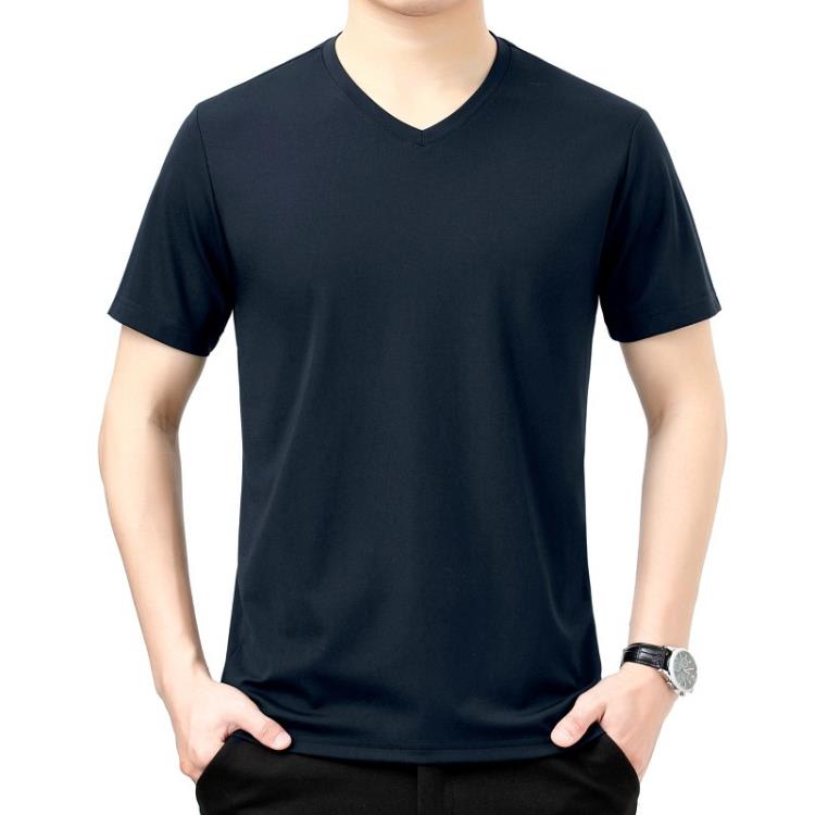 新品青年男士V領短袖絲光棉T恤衫時尚潮流百搭打底上衣男代髮免運-細節圖2