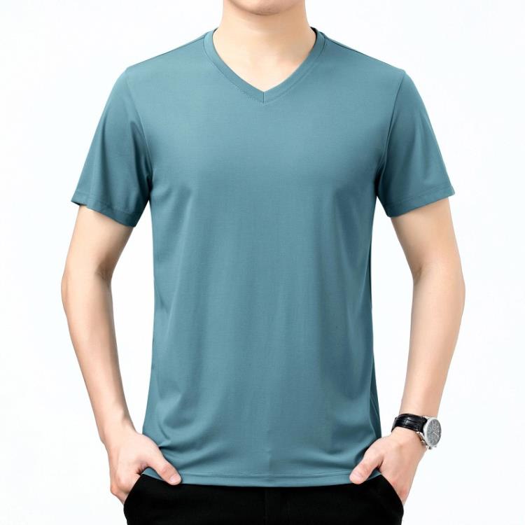 新品青年男士V領短袖絲光棉T恤衫時尚潮流百搭打底上衣男代髮免運-細節圖3