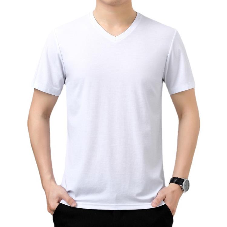 新品青年男士V領短袖絲光棉T恤衫時尚潮流百搭打底上衣男代髮免運-細節圖5