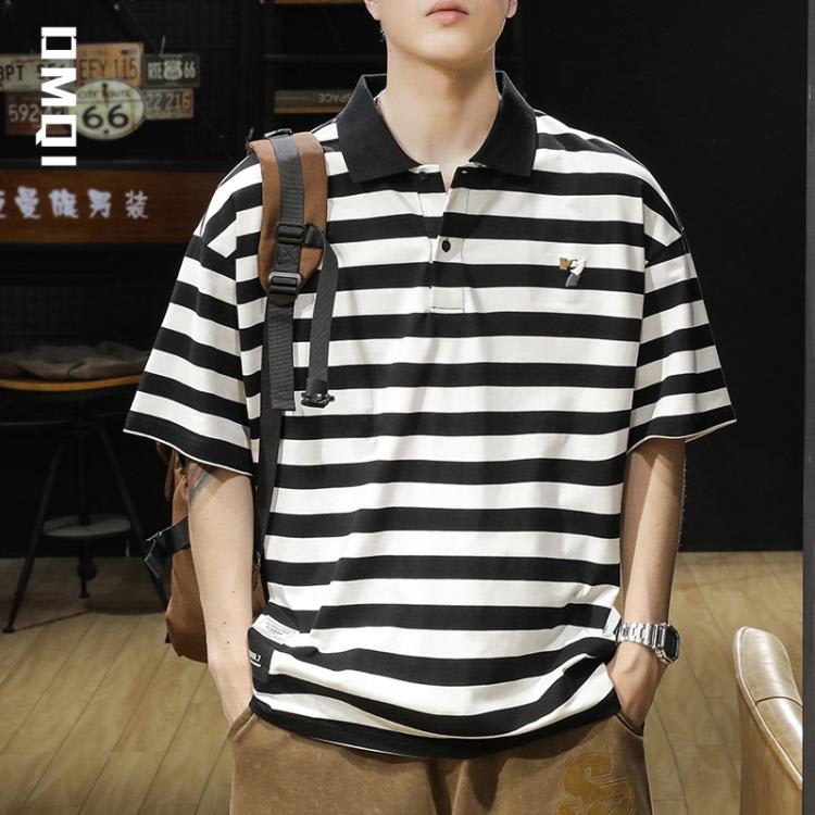 短袖T恤 240g夏季黑白條紋polo衫男潮牌寬松大碼夏天男士保羅t恤潮流-細節圖2