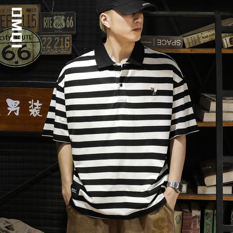 短袖T恤 240g夏季黑白條紋polo衫男潮牌寬松大碼夏天男士保羅t恤潮流-細節圖3