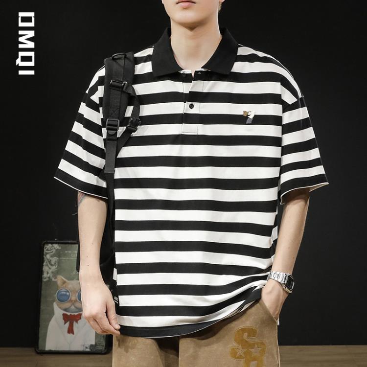 短袖T恤 240g夏季黑白條紋polo衫男潮牌寬松大碼夏天男士保羅t恤潮流-細節圖4