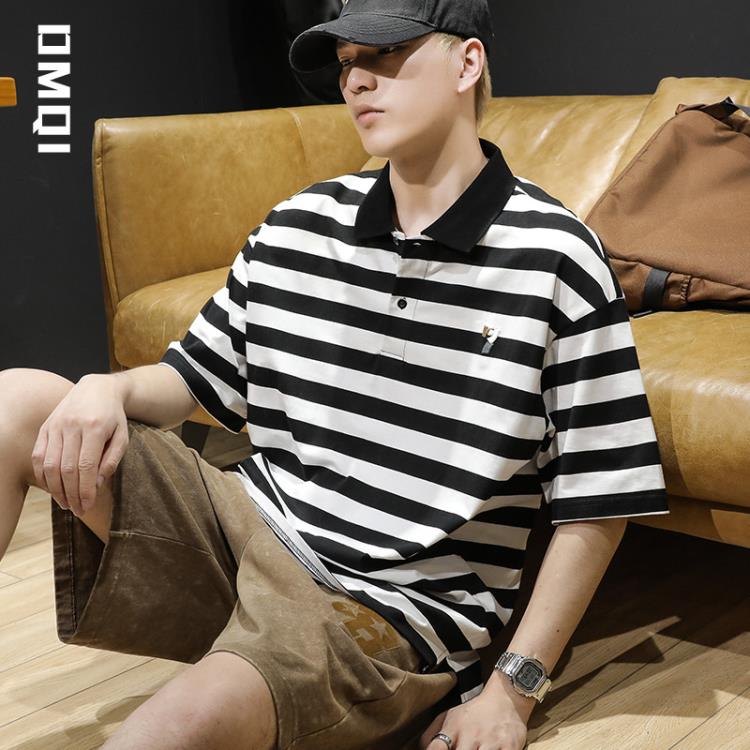 短袖T恤 240g夏季黑白條紋polo衫男潮牌寬松大碼夏天男士保羅t恤潮流-細節圖5