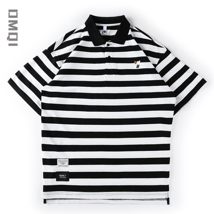 短袖T恤 240g夏季黑白條紋polo衫男潮牌寬松大碼夏天男士保羅t恤潮流-細節圖6