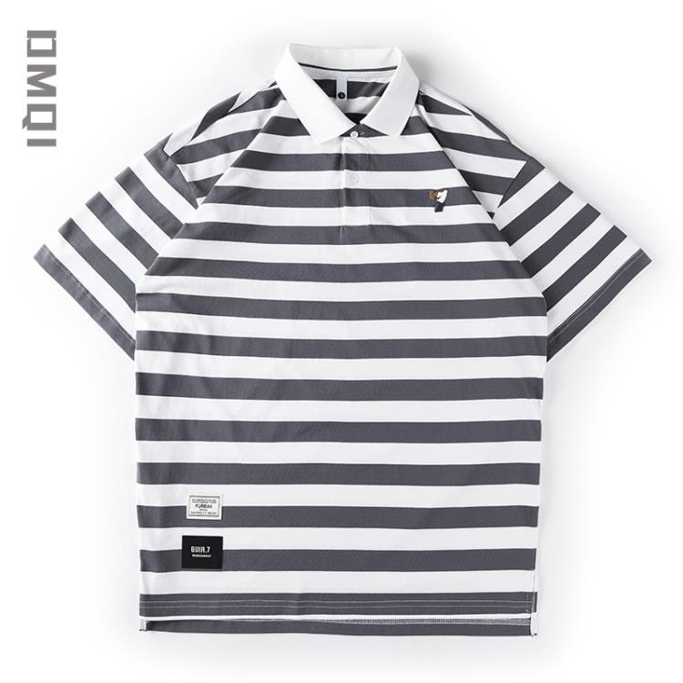 短袖T恤 240g夏季黑白條紋polo衫男潮牌寬松大碼夏天男士保羅t恤潮流-細節圖7