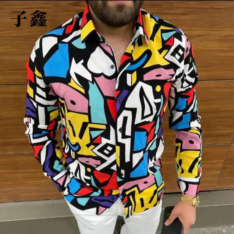 襯衫 男裝 歐美秋季休閒上衣 修身時尚長袖印花男士襯衣-細節圖2